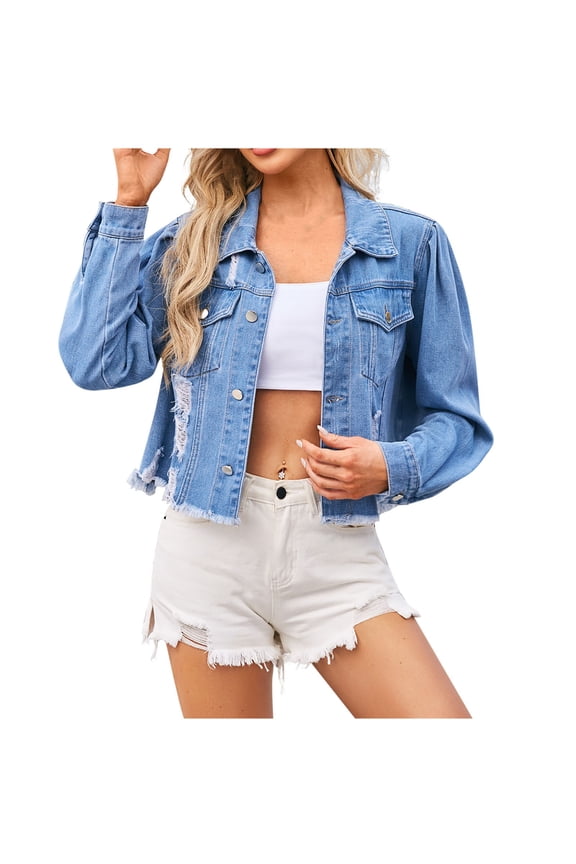 Trendy Jackets for Women Clearance Cropped Denim Jacket Button Down Long Sleeve Casual Jacket Coats S