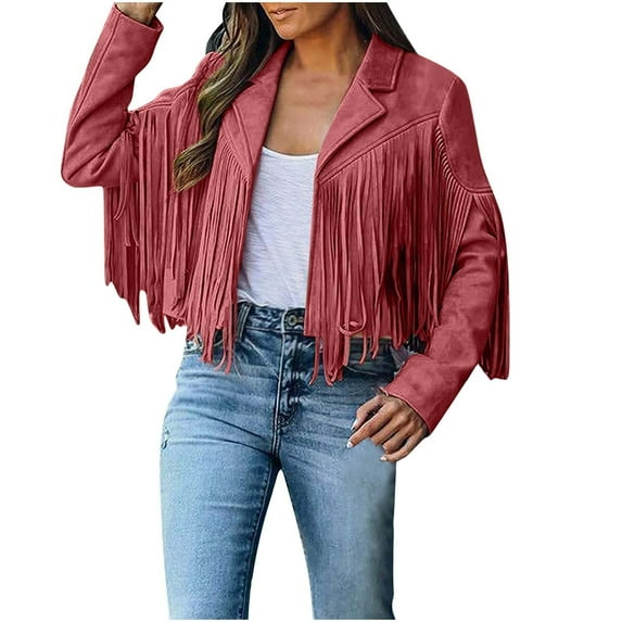 PVCS Trendy Jackets for Women Clearance Faux Suede Faux Leather Denim Jacket Long Sleeve Tassels Cardigan Coat 2XL
