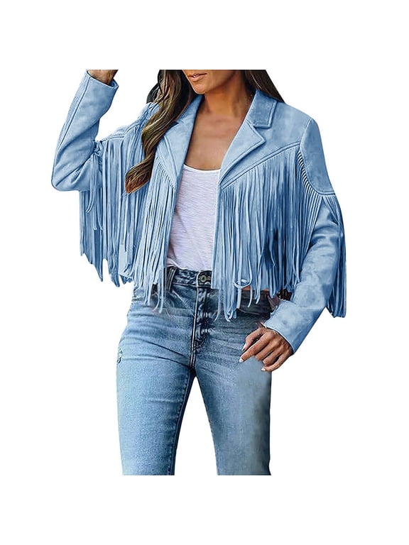Trendy Jackets for Women Clearance Fringe Coat For Faux Suede Denim Jacket Tassels Cardigan Coat S