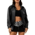 thumbnail image 1 of PVCS Trendy Jackets for Women Solid Color Long Sleeve Turndown Collar Zipper HoodedLess Pocket Faux Leather Jacket XL, 1 of 8