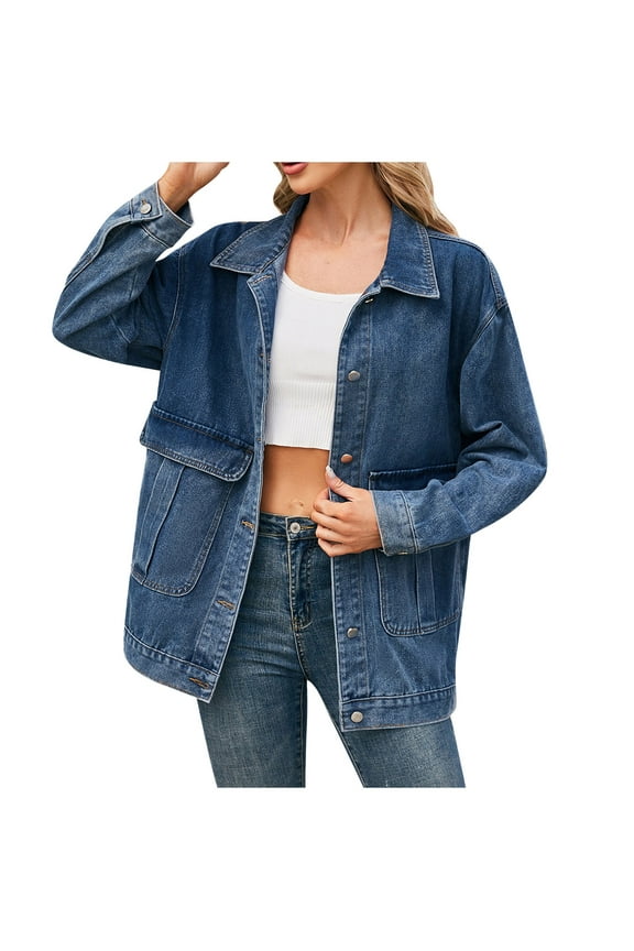 Women's Casual Jackets Clearance Basic Denim Jacket Casual Button Down Pleated Back Jean Coat with Pockets S
