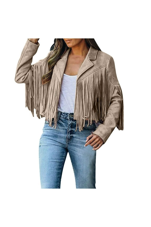 Women's Casual Jackets Clearance Fringe Coat For Faux Suede Faux Leather Denim Jacket Tassels Cardigan Coat L