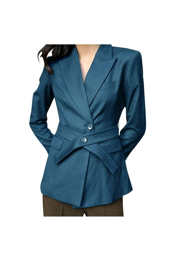 Women's Casual Jackets Clearance Solid Color Blazer Waist Band Lapel Button Up Casual Outwear Jacket 2XL