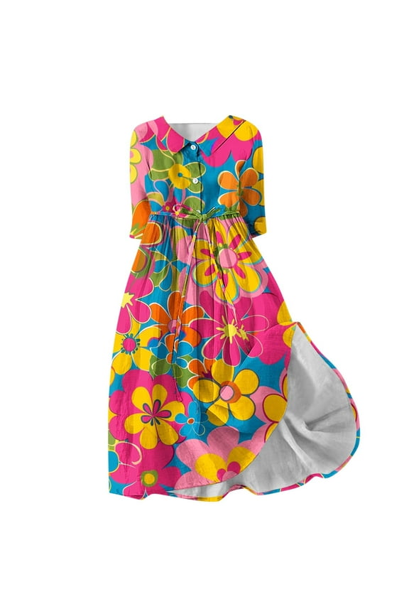 Womens Autumn Winter Casual Dresses Flowy Dress Printed 3/4 Sleeve Turndown Collar Dress