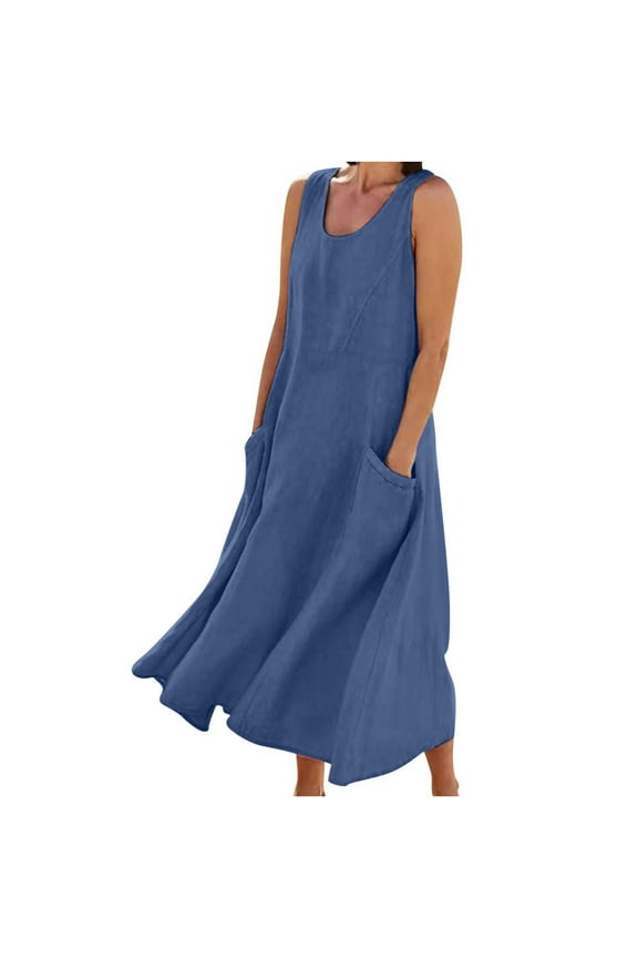 Womens Autumn Winter Casual Dresses Solid Color Pockets Tank Dress Sleeveless Cotton Linen Long Dress