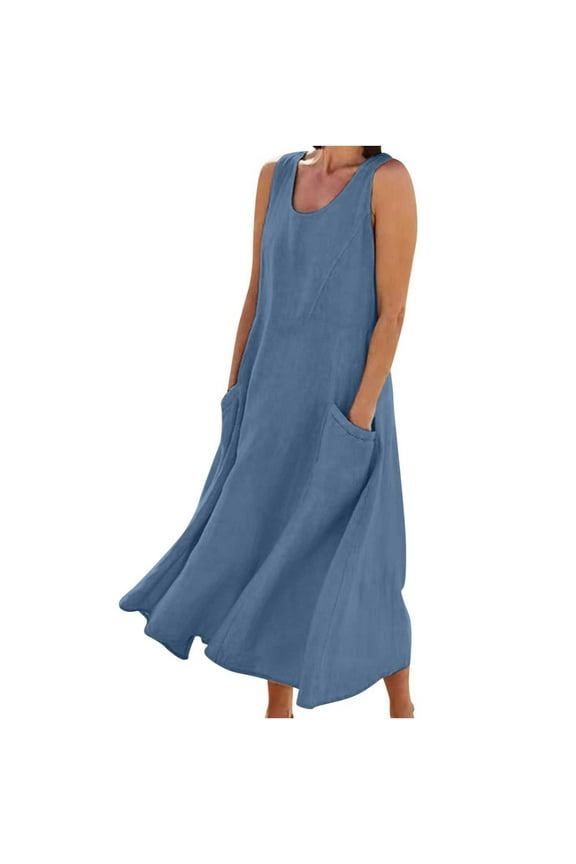 Womens Autumn Winter Casual Dresses Solid Color Sleeveless Cotton Linen Long Dress