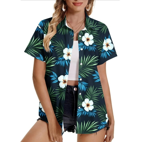 PVCS Womens Tops 2025 Hawaiian Shirt Printed Round Neck Short Sleeved T-Shirt Top Short Sleeved Lapel Top Shirt