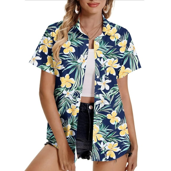 PVCS Womens Tops 2025 Hawaiian Shirt Printed Round Neck Short Sleeved T-Shirt Top Short Sleeved Lapel Top Shirt