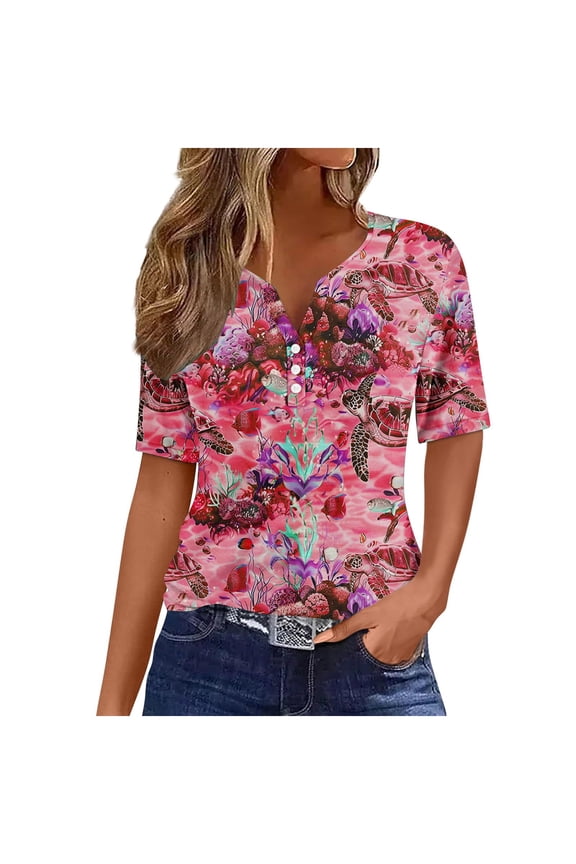 Womens Tops Summer Tops for Women Vacation Trendy V Neck Short Sleeve Shirts Casual Loose Spring Vintage Floral Print Comfy Tunic Clothes