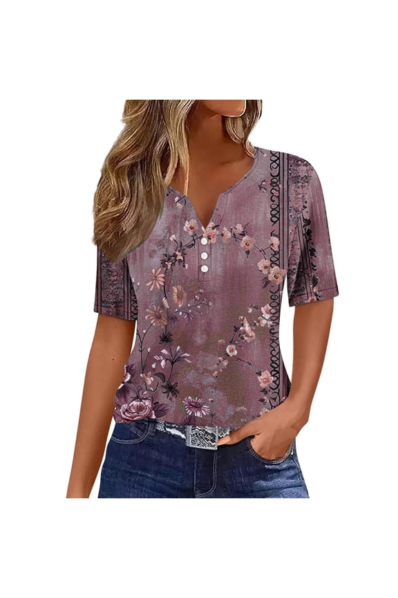 Womens Tops Summer Tops for Women Vacation Trendy V Neck Short Sleeve Shirts Casual Loose Spring Vintage Floral Print Comfy Tunic Clothes