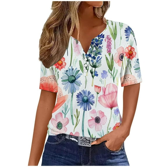 PVCS Womens Tops Clearance Under $5 Summer Tops for Women Vacation Trendy V Neck Short Sleeve Shirts Casual Loose Spring Vintage Floral Print Comfy Tunic Clothes