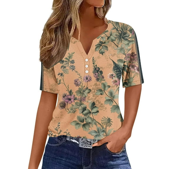 PVCS Womens Tops Clearance Under $5 Summer Tops for Women Vacation Trendy V Neck Short Sleeve Shirts Casual Loose Spring Vintage Floral Print Comfy Tunic Clothes