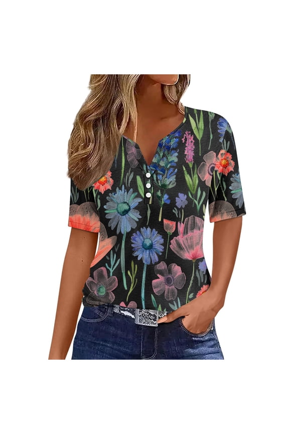 Womens Tops Summer Tops for Women Vacation Trendy V Neck Short Sleeve Shirts Casual Loose Spring Vintage Floral Print Comfy Tunic Clothes