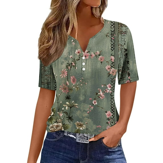 PVCS Womens Tops Under $5 Summer Tops for Women Vacation Trendy V Neck Short Sleeve Shirts Casual Loose Spring Vintage Floral Print Comfy Tunic Clothes