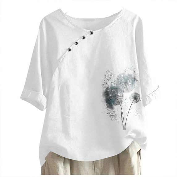 PVCS Womens Tops 2024 Women's Casual Fashion Crew-Neck Button-printed Short-sleeved Top