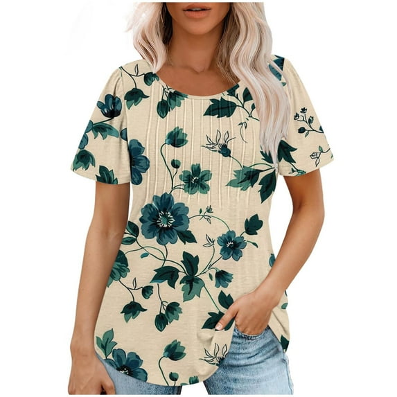 PVCS Womens Tops Fashionable Women's Casual Short Sleeved Loose Round Neck Printed Top
