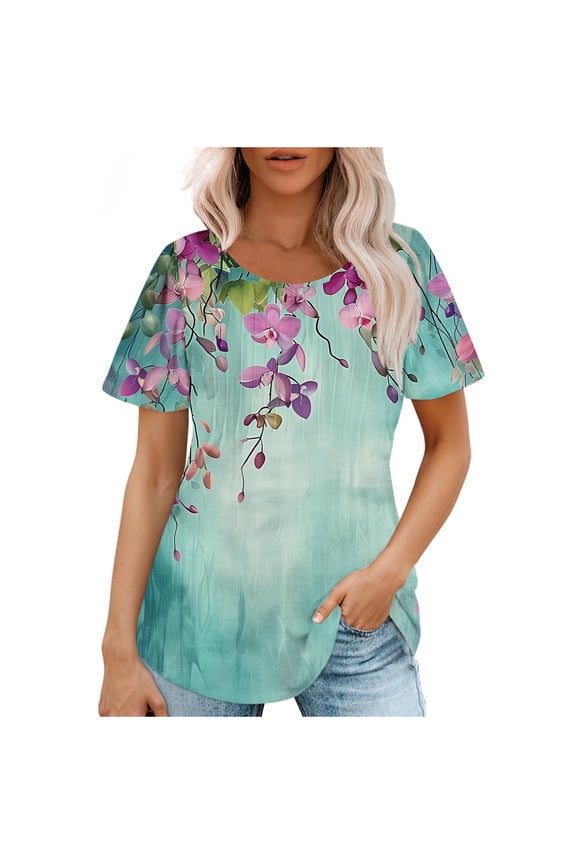 Womens Tops Fashionable Women's Casual Short Sleeved Loose Round Neck Printed Top