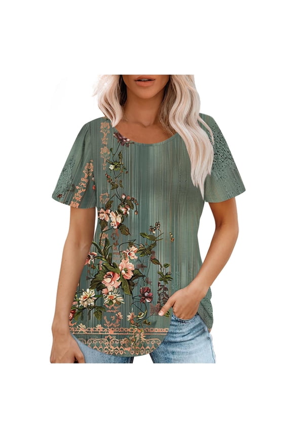 Womens Tops Fashionable Women's Casual Short Sleeved Loose Round Neck Printed Top