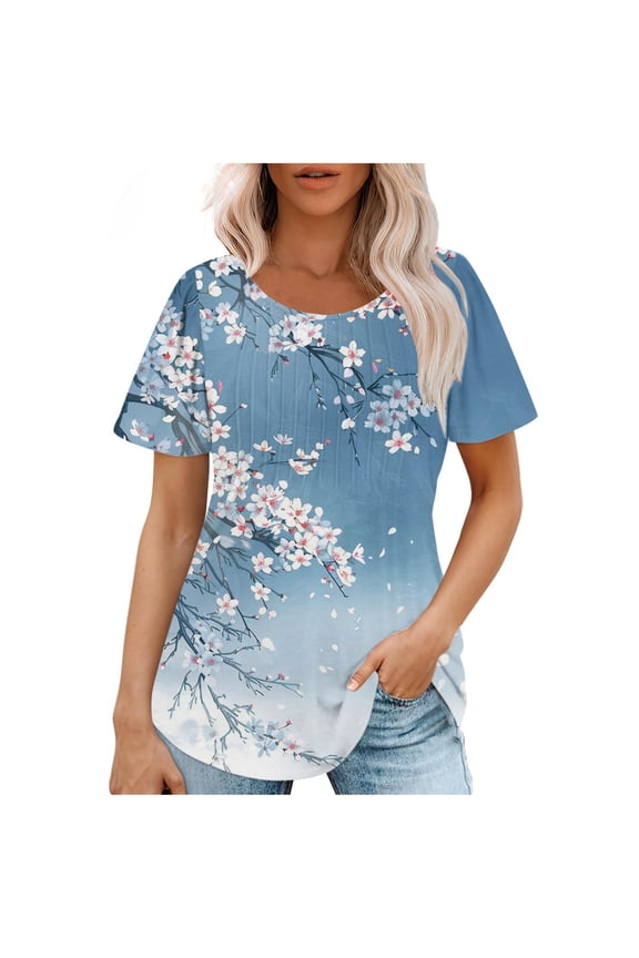 Womens Tops Fashionable Women's Casual Short Sleeved Loose Round Neck Printed Top