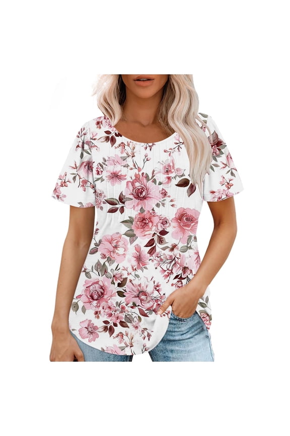 Womens Tops Fashionable Women's Casual Short Sleeved Loose Round Neck Printed Top