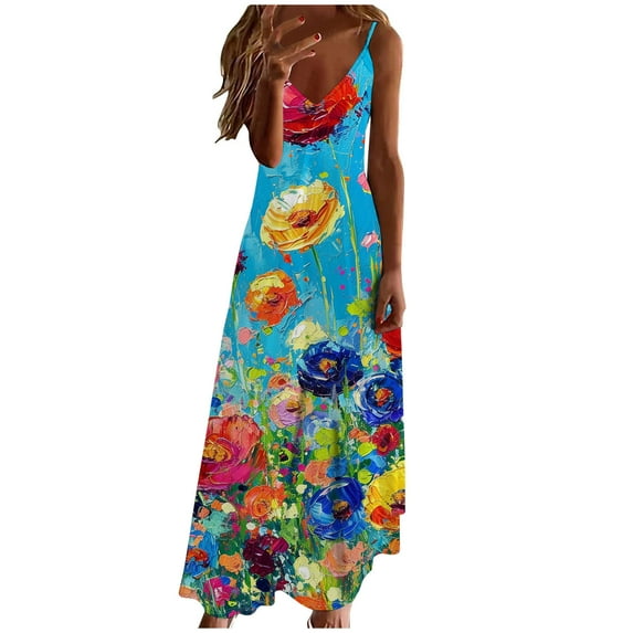 PVCS Womens Tops Summer Dresses for Women Print Sleeveless Round Neck Dress Casual Dresses