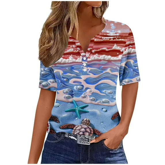PVCS Womens Tops Clearance Under $5 Summer Tops for Women Vacation Trendy V Neck Short Sleeve Shirts Casual Loose Spring Vintage Floral Print Comfy Tunic Clothes