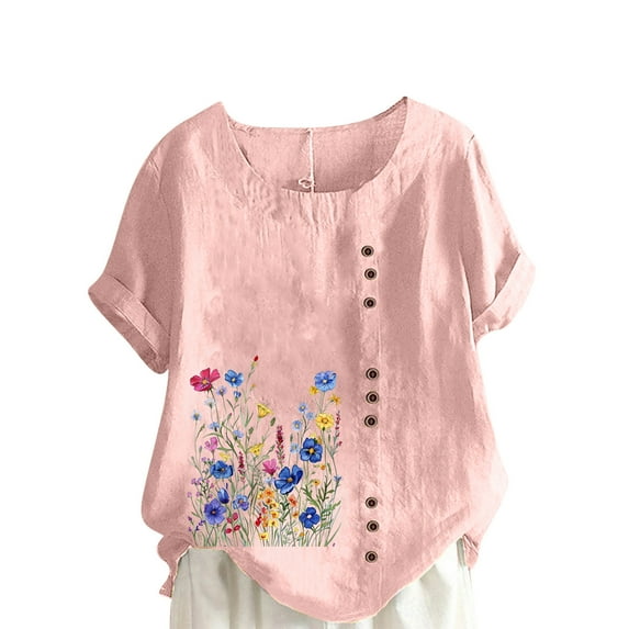 PVCS Womens Tops Clearance Under $5 Women Casual Cotton and Linen Top Printed Short Sleeve Button Tunic T-Shirt Blouse Tops