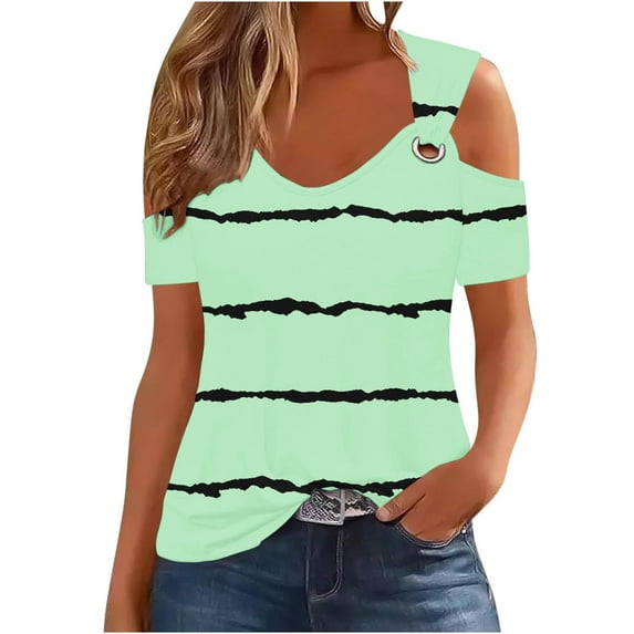 PVCS Womens Tops Women Summer Sexy T- Shirt Cold Shoulder Pullover Blouse V-Neck Short Sleeve Print Tops