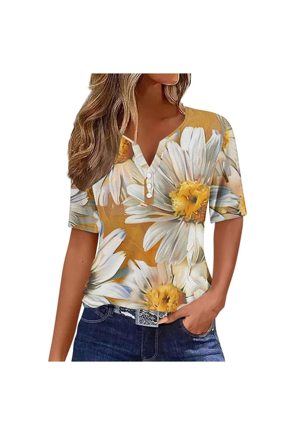 Womens Tops Women's Casual Printed Color Short-Sleeved Button V-Neck Top Blouse