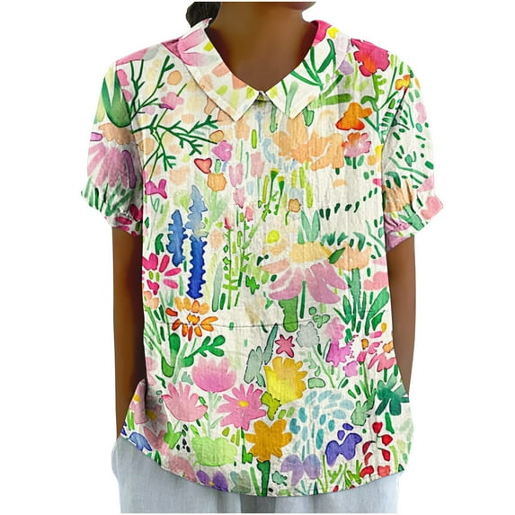 PVCS Womens Tops Women's Casual Retro Style Casual Printed Short Sleeve Blouse V-Sleeve Blouse/Shirt