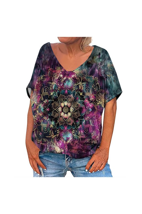 Womens Tops Women's Casual Retro Style Casual Printed Short Sleeve Blouse V-Sleeve Blouse/Shirt