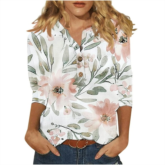 PVCS Womens Tops Clearance Under $5 Women's Casual Round Neck Button Cotton Linen Printed Three Quarter Sleeve Top