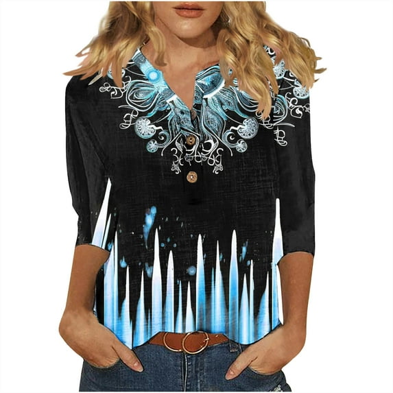 PVCS Womens Tops Clearance Under $5 Women's Casual Round Neck Button Cotton Linen Printed Three Quarter Sleeve Top