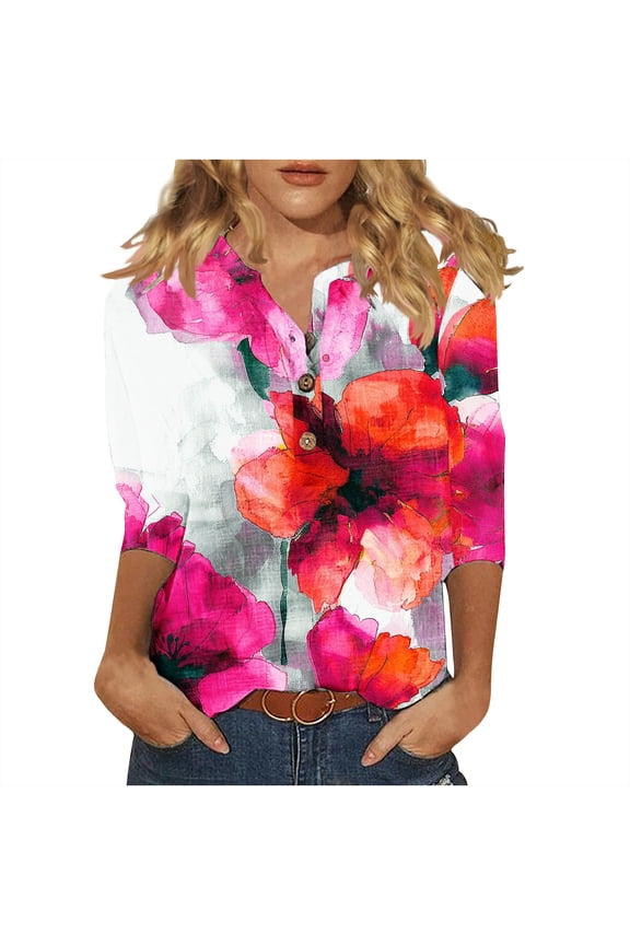 Womens Tops Women's Casual Round Neck Button Cotton Linen Printed Three Quarter Sleeve Top