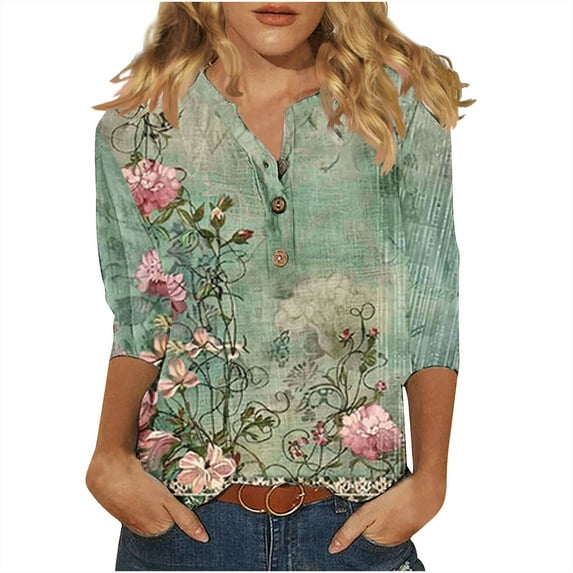 PVCS Womens Tops Clearance Under $5 Women's Casual Round Neck Button Cotton Linen Printed Three Quarter Sleeve Top