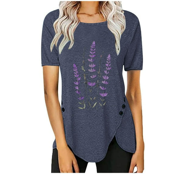 PVCS Womens Tops Clearance Under $5 Women's Casual Round Neck Casual Button Printed Short Sleeve Blouse Short Sleeve Round Neck Blouse/Shirt