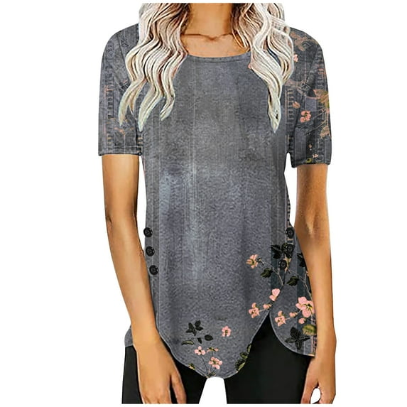PVCS Womens Tops Clearance Under $5 Women's Casual Round Neck Casual Button Printed Short Sleeve Blouse Short Sleeve Round Neck Blouse/Shirt