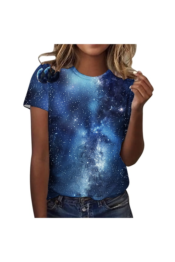 Womens Tops Women's Casual Round Neck Sky Printed Short Sleeved Top