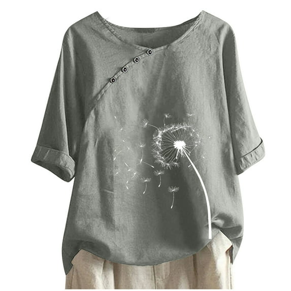 PVCS Womens Tops Women's Cotton and Linen Printed Tshirt for Slimming and Casual Personality Printing Top for Women's Clothing