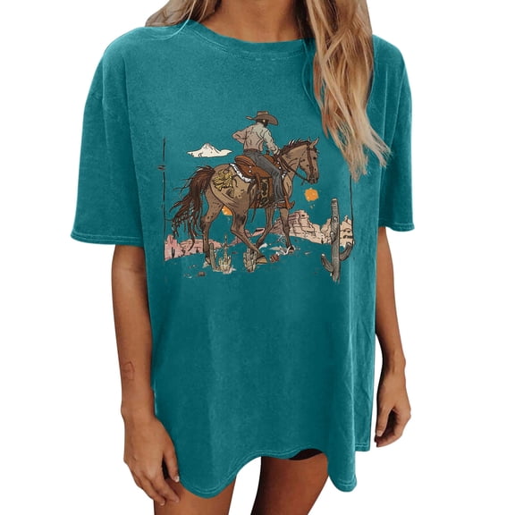 PVCS Womens Tops Women's Cowboy Competition Casual Concert T Shirts Vintage Cow Skull Graphic Tees Oversized Tops