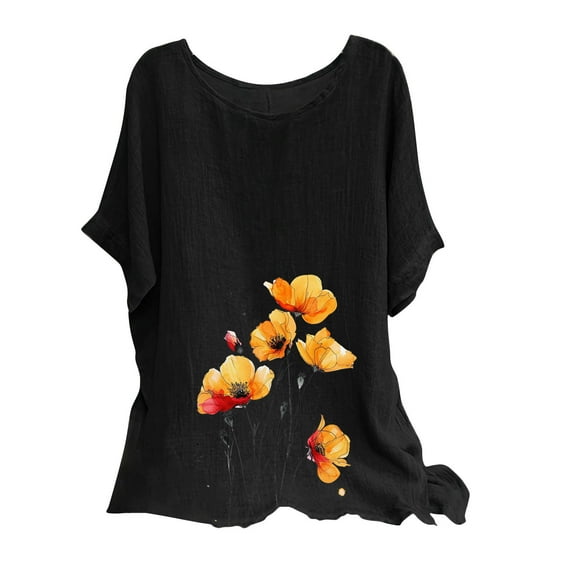 PVCS Womens Tops Women's Fashion Print Tees Casual Crew Neck Raglan Short Sleeve Loose T Shirt Cotton Linen Tops Blouses
