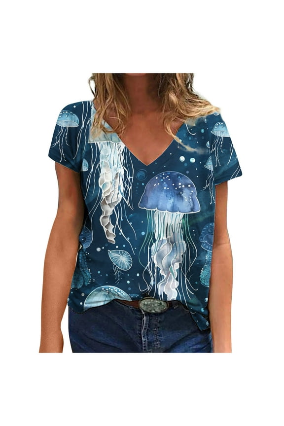 Womens Tops Women's Fashion Summer V-Neck Short Sleeve Printed Casual T-Shirt Blouse Tops