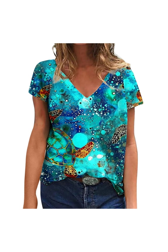 Womens Tops Women's Fashion Summer V-Neck Short Sleeve Printed Casual T-Shirt Blouse Tops