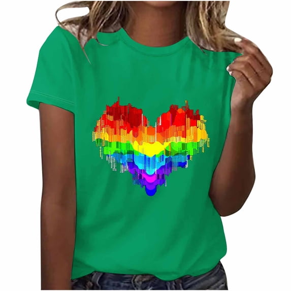 PVCS Womens Tops Women's Festival Colorful Heart Shaped Printed Round Neck Short Sleeved Top