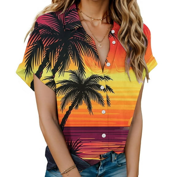 PVCS Womens Tops Women's Hawaiian Shirt Printed Round Neck Short Sleeved T-Shirt Top Short Sleeved Lapel Top/shirt