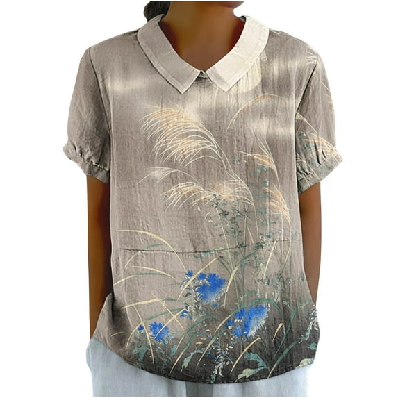 PVCS Womens Tops Clearance Under $5 Women's Ladies Fashion Casual Cropped Short Sleeve Printing Cotton Loose Shirt Blouse Top