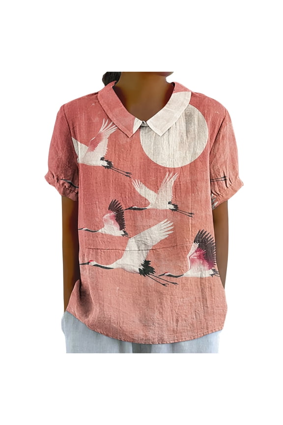 Womens Tops Women's Ladies Fashion Casual Cropped Short Sleeve Printing Cotton Loose Shirt Blouse Top