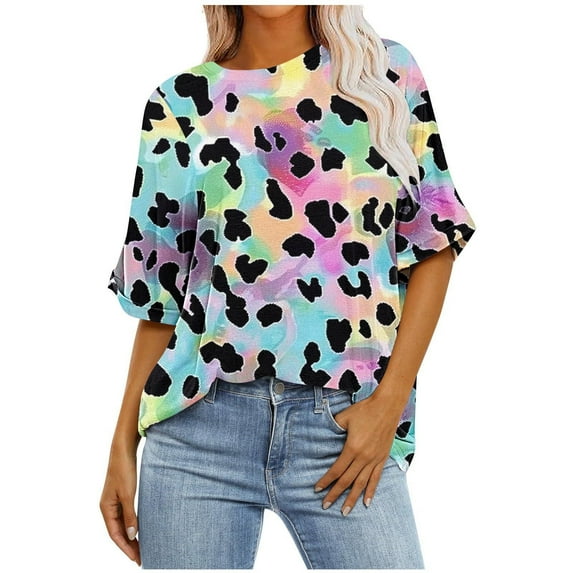 PVCS Womens Tops Women's Ladies Fashion Casual Cropped Short Sleeve Printing Loose Shirt Blouse Top