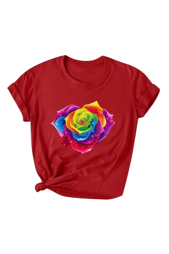 Womens Tops Women's Printed Round Neck Short Sleeved T-Shirt Loose Casual Top