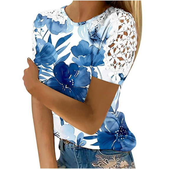 PVCS Womens Tops Clearance Under $5 Women's Printed Short Sleeved Round Neck Casual Pullover with Lace Top